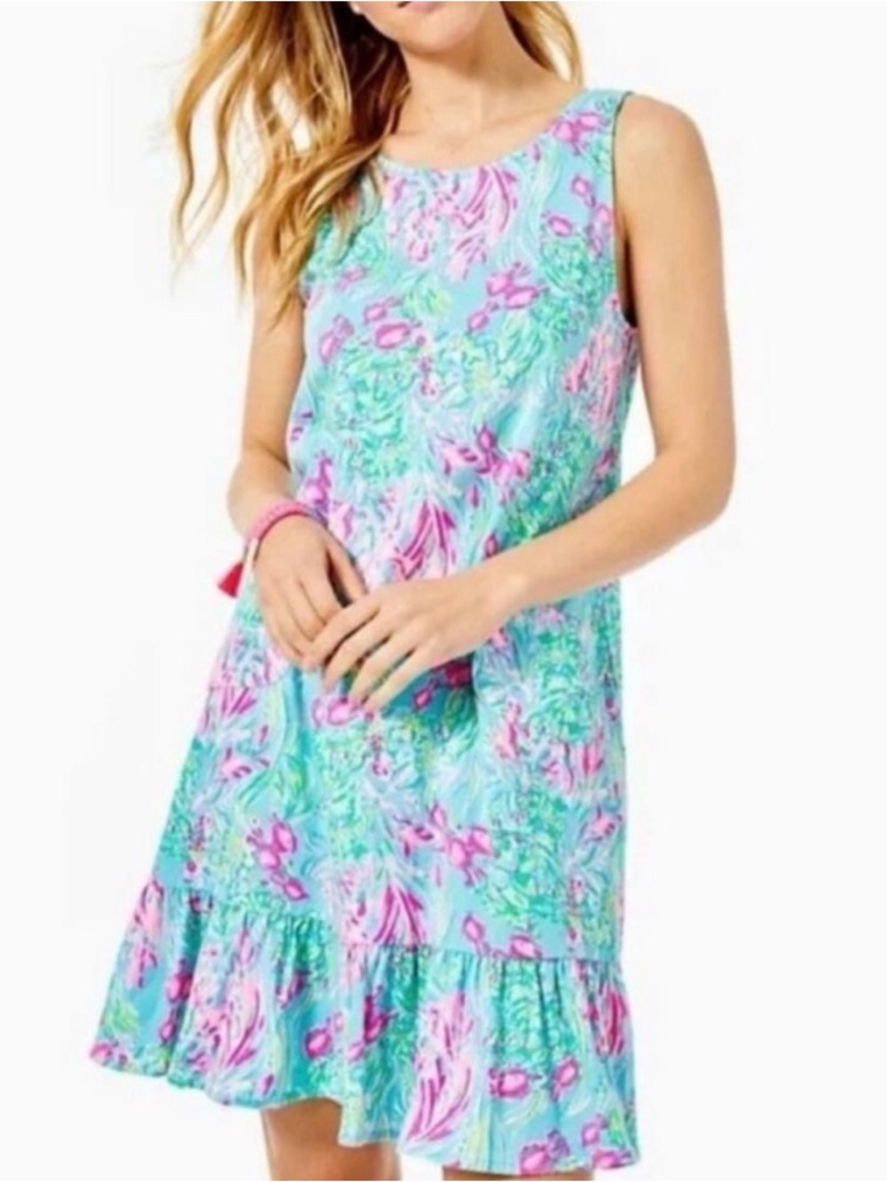 Lilly Pulitzer Aqua Floral Ruffle Hem Mini Dress - Pink Print Kristen Small
